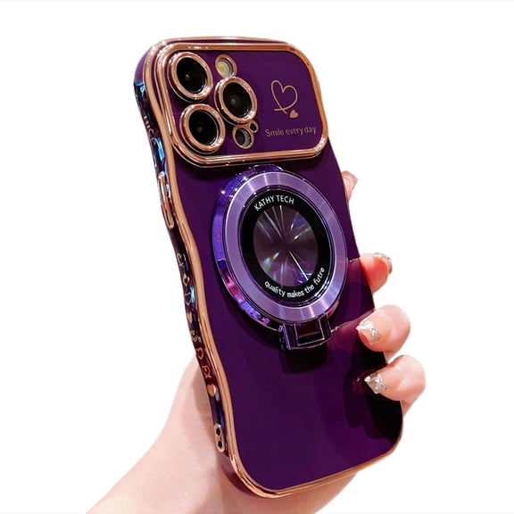 Dteck for iPhone 15 Pro Max Case for Women Girls, Cute Wave Frame Curly Shape with Love Heart Pattern Camera Protection Cover Luxury Plating Shockproof Phone Case with Magnetic Kickstand,Dark Purple