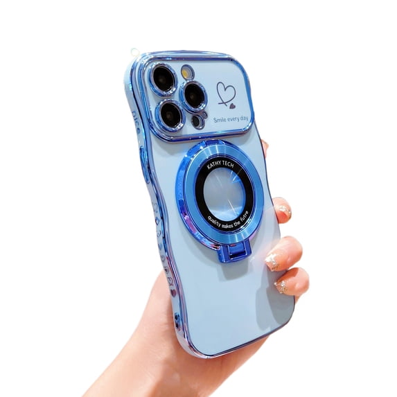 Dteck for iPhone 15 Pro Max Case for Women Girls, Cute Wave Frame Curly Shape with Love Heart Pattern Raised Camera Protection Cover Luxury Plating Shockproof Phone Case with Magnetic Kickstand,Blue