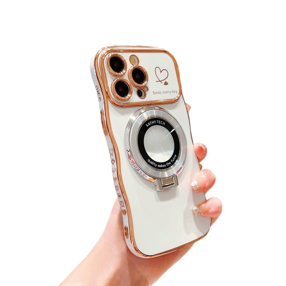Dteck for iPhone 15 Pro Max Case for Women Girls, Cute Wave Frame Curly Shape with Love Heart Pattern Raised Camera Protection Cover Luxury Plating Shockproof Phone Case with Magnetic Kickstand,White