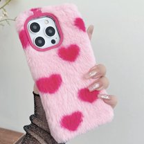 Dteck for iPhone 15 Pro Max Fur Case for Girls, Luxury Cute Warm Handmade Furry Fuzzy Fluffy Soft LOVE Fur Plush Protective Case Cover for Women,Pink-Rose Love