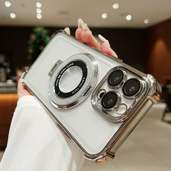 Dteck for iPhone 15 Pro Max Glitter Magnetic Case Compatible with MagSafe, Built-in Ring Holder Kickstand Slim Shockproof Anti-Scratch Clear Case with Camera Lens Protector,Gray