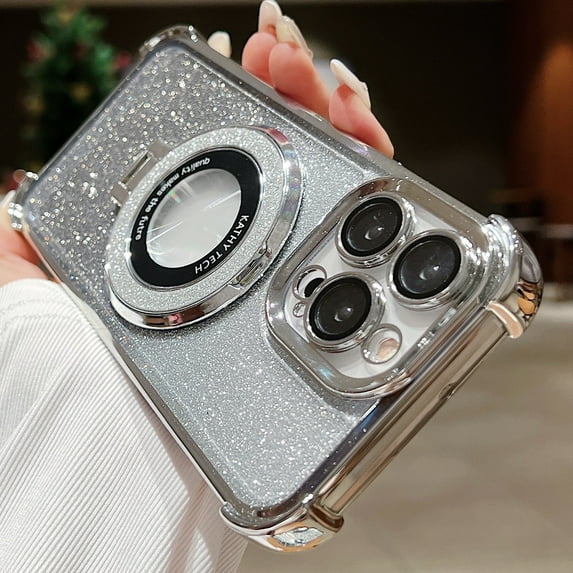 Dteck for iPhone 15 Pro Max Glitter Magnetic Case Compatible with MagSafe, Built-in Ring Holder Kickstand Slim Shockproof Anti-Scratch Sparkle Case with Camera Lens Protector,Gradient Silver