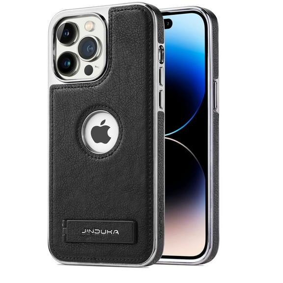 Dteck for iPhone 15 Pro Max Leather Case with Kickstand, 2 Adjustable Stand Modes, Retro Luxury Business Electroplated Edges Military-Grade Drop Protection Slim Cover for iPhone 15 Pro Max, Black