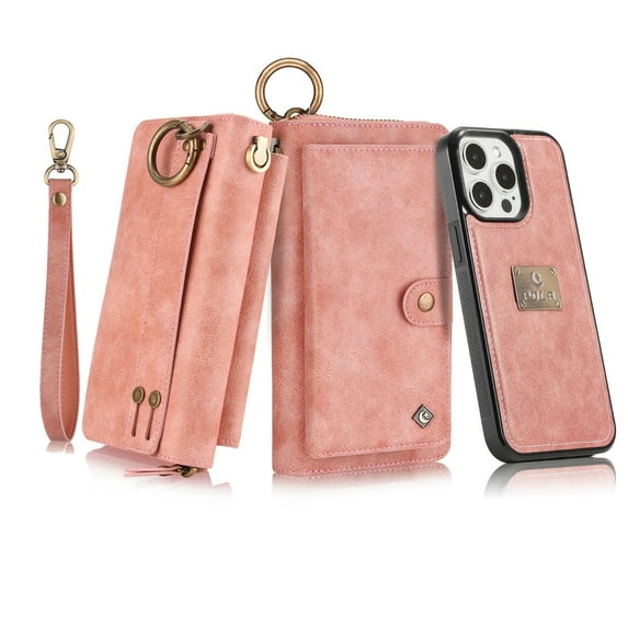 Dteck for iPhone 15 Pro Max Wallet Case, Heavy Duty 2 in 1 Leather Zipper Purse Detachable Magnetic 14 Card Slots Money Pocket Clutch Cover for Apple iPhone 15 Pro Max,Pink