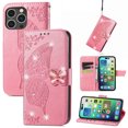 thumbnail image 1 of Dteck for iPhone 15 Pro Max Wallet Case PU Leather Folio Cover, Butterfly Floral Embossed Bling Diamond Holster Silicone Bumper with Card Holder Stand Magnetic Closure Lanyard Women,Pink, 1 of 9