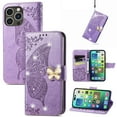 thumbnail image 1 of Dteck for iPhone 15 Pro Max Wallet Case PU Leather Folio Cover, Butterfly Floral Embossed Bling Diamond Holster Silicone Bumper with Card Holder Stand Magnetic Closure Lanyard Women,Lightpurple, 1 of 9