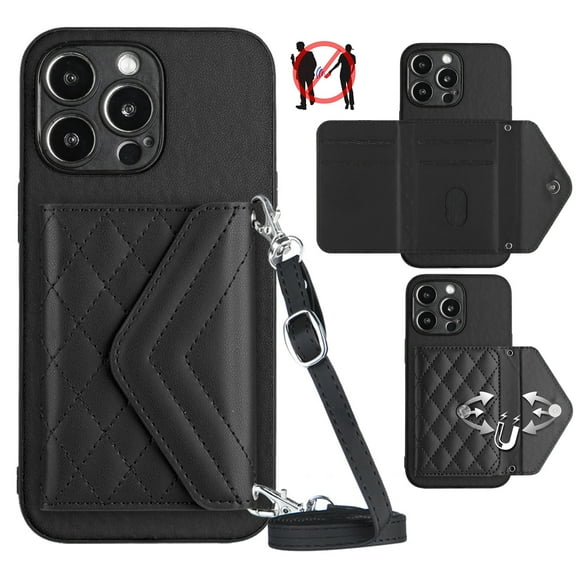 Dteck for iPhone 15 Pro Max Wallet Case with Shoulder Strap, Premium PU Leather Kickstand Card Slots, Magnetic Clasp and Durable Shockproof Cover for iPhone 15 Pro Max,Black
