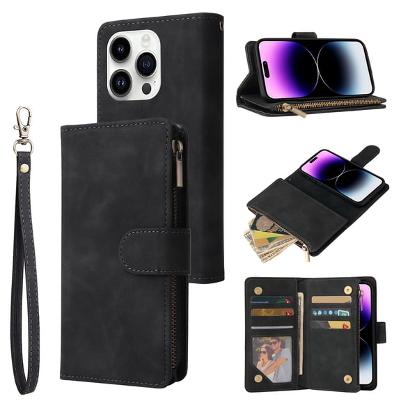 Dteck for iPhone 15 Pro Max Wallet Case,Soft Leather Zipper Wallet Case Magnetic Buckle Flip Cover with 5 Card Slots/Photo Pocks/Lanyard Strap for Apple iPhone 15 Pro Max 6.7 inch 2023,Black