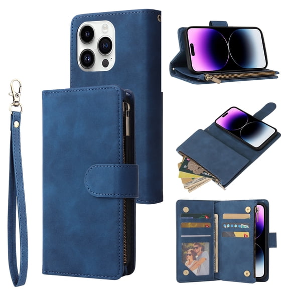 Dteck for iPhone 15 Pro Max Wallet Case,Soft Leather Zipper Wallet Case Magnetic Buckle Flip Cover with 5 Card Slots/Photo Pocks/Lanyard Strap for Apple iPhone 15 Pro Max 6.7 inch 2023,Blue