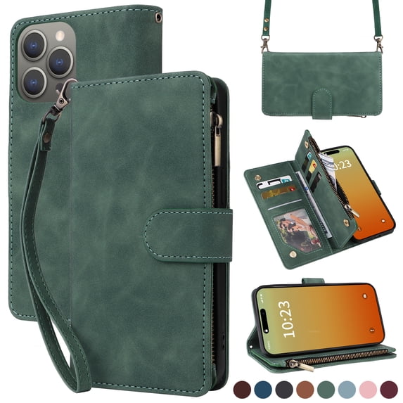 Dteck for iPhone 15 Pro Wallet Case, Crossbody Phone Purse with Card Holder for Women Men, Soft PU Leather Zipper Carry Cover with Shoulder Strap for iPhone 15 Pro,Green