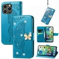 thumbnail image 1 of Dteck for iPhone 15 Pro Wallet Case PU Leather Folio Cover, Butterfly Floral Embossed Bling Diamond Holster Silicone Bumper with Card Holder Stand Magnetic Closure Lanyard Women,Blue, 1 of 9
