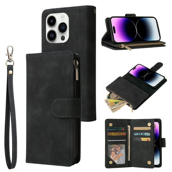 Dteck for iPhone 15 Pro Wallet Case,Soft Leather Zipper Wallet Case Magnetic Buckle Flip Cover with 5 Card Slots/Photo Pocks/Lanyard Strap for Apple iPhone 15 Pro 6.1 inch 2023,Black