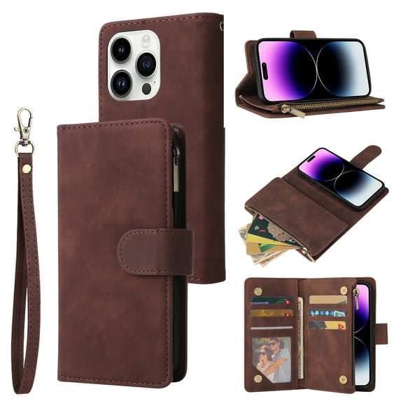 Dteck for iPhone 15 Pro Wallet Case,Soft Leather Zipper Wallet Case Magnetic Buckle Flip Cover with 5 Card Slots/Photo Pocks/Lanyard Strap for Apple iPhone 15 Pro 6.1 inch 2023,Coffee