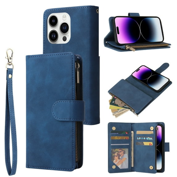 Dteck for iPhone 15 Pro Wallet Case,Soft Leather Zipper Wallet Case Magnetic Buckle Flip Cover with 5 Card Slots/Photo Pocks/Lanyard Strap for Apple iPhone 15 Pro 6.1 inch 2023,Blue