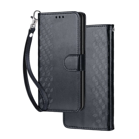 Dteck for iPhone 15 Pro Wallet Case for Women Girls, Embossed Flip Kickstand Cover with Card Holder Shockproof Phone Case with Wrist Strap for iPhone 15 Pro,Black Cube
