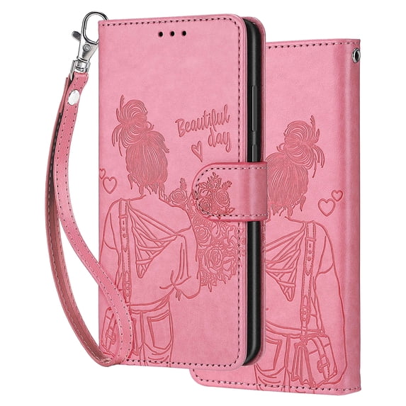 Dteck for iPhone 15 Pro Wallet Case for Women Girls, Embossed Flip Kickstand Cover with Card Holder Shockproof Phone Case with Wrist Strap for iPhone 15 Pro,Pink Love