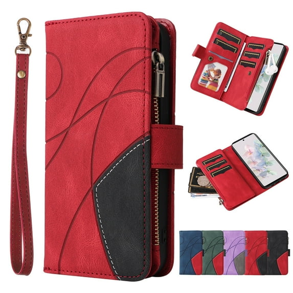 Dteck iPhone 15 Pro Wallet Phone Case with 9 Card Holder Zipper Pocket, Magnetic Closure Premium Folio PU Leather Flip Case with Wrist Strap for iPhone 15 Pro,Red
