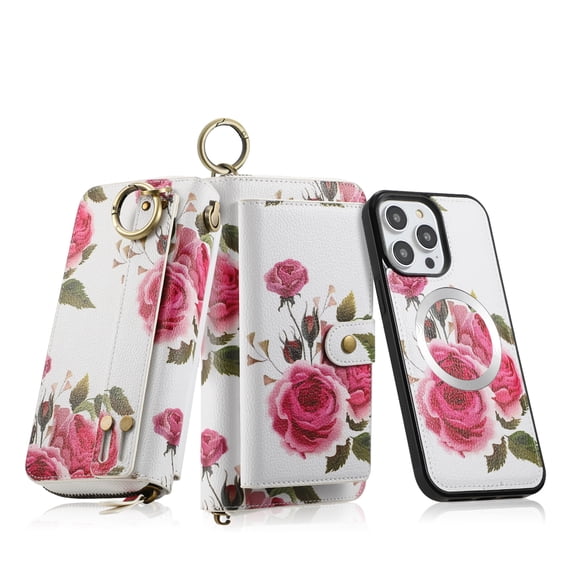 Dteck for iPhone 15 Wallet Case, 2 in 1 Leather Zipper Detachable Magnetic Phone Cover Compatible with MagSafe, Large Capacity RFID Blocking Card Slots Money Pocket Clutch Cover with Strap,White