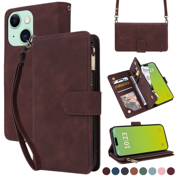 Dteck for iPhone 15 Wallet Case, Crossbody Phone Purse with Card Holder for Women Men, Soft PU Leather Zipper Carry Cover with Shoulder Strap for iPhone 15,Coffee