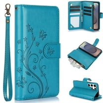 Dteck for iPhone 15 Wallet Case, Embossed Butterfly PU Leather Phone Case Women Men Flip Cover Wrist Strap Zipper Credit Card Holder Slots for iPhone 15,Blue