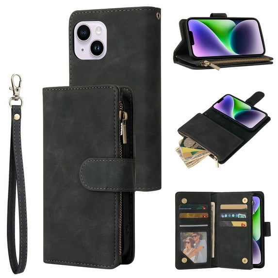 Dteck for iPhone 15 Wallet Case,Soft Leather Zipper Wallet Case Magnetic Buckle Flip Cover with 5 Card Slots/Photo Pocks/Lanyard Strap for Apple iPhone 15 6.1 inch 2023, Black