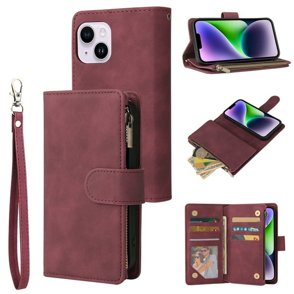 Dteck for iPhone 15 Wallet Case,Soft Leather Zipper Wallet Case Magnetic Buckle Flip Cover with 5 Card Slots/Photo Pocks/Lanyard Strap for Apple iPhone 15 6.1 inch 2023, Winered