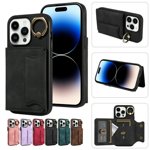 Dteck for iPhone 15 Wallet Case, iPhone 15 Case with Card Holder Soft Matte PU Leather Case with Flip Card Wallet Stand Metal Ring Holder for iPhone 15, Black