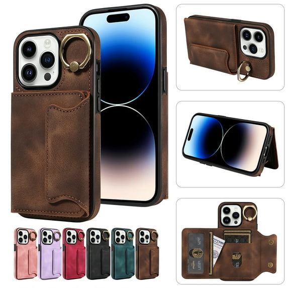Dteck for iPhone 15 Wallet Case, iPhone 15 Case with Card Holder Soft Matte PU Leather Case with Flip Card Wallet Stand Metal Ring Holder for iPhone 15, Brown