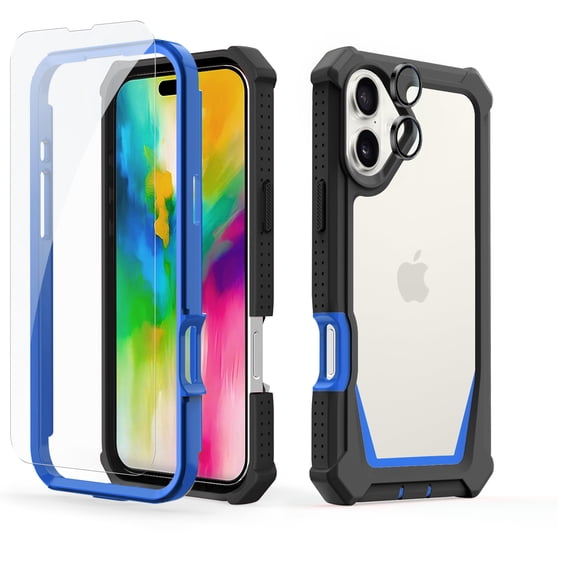 Dteck for iPhone 16 Case 6.1", Full Body Bumper Phone Case with Glass Screen Protector + Camera Lens Protector, Drop Proof iPhone 16 Cover, Black Blue