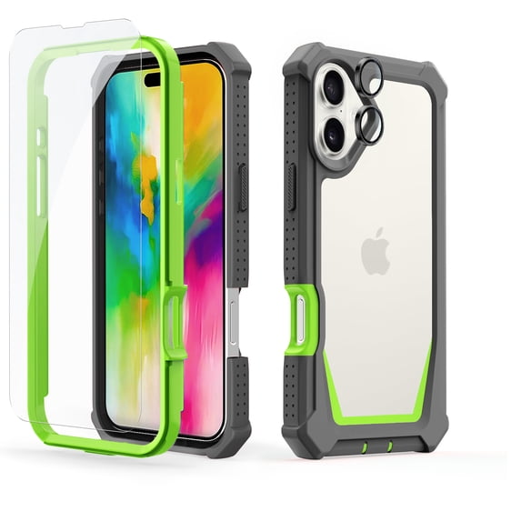 Dteck for iPhone 16 Case 6.1", Full Body Bumper Phone Case with Glass Screen Protector + Camera Lens Protector, Drop Proof iPhone 16 Cover, Gary Green