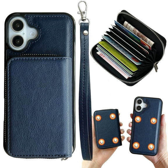 Dteck for iPhone 16 Case Detachable Wallet Case with 11-Card Holder, 2 in 1 PU Leather Zipper Purse with Wristlet for Women Men, Durable Shockproof Phone Cover for iPhone 16,Blue