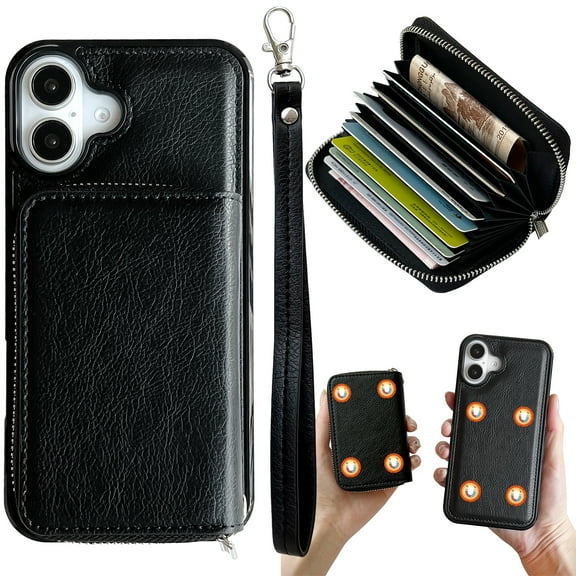 Dteck for iPhone 16 Case Detachable Wallet Case with 11-Card Holder, 2 in 1 PU Leather Zipper Purse with Wristlet for Women Men, Durable Shockproof Phone Cover for iPhone 16,Black
