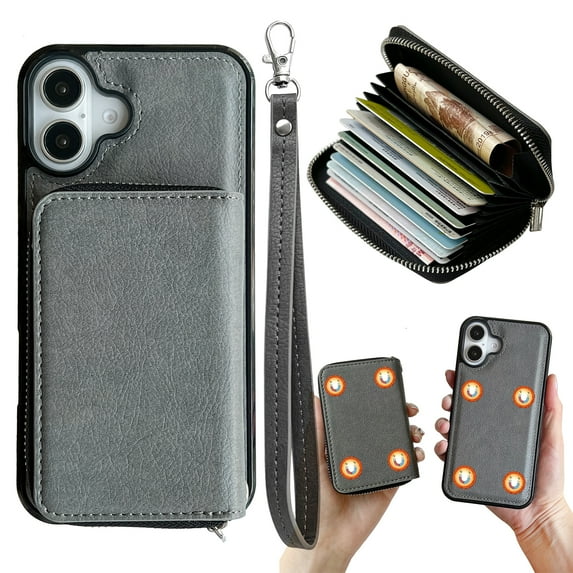 Dteck for iPhone 16 Case Detachable Wallet Case with 11-Card Holder, 2 in 1 PU Leather Zipper Purse with Wristlet for Women Men, Durable Shockproof Phone Cover for iPhone 16,Gray