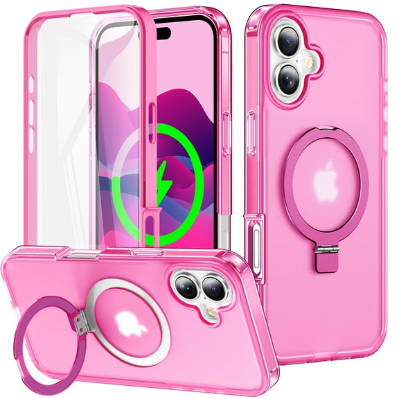 Dteck for iPhone 16 Magnetic Case with Invisible Ring Stand, Translucent Protective Cover with Built-in Screen Protector,Rose