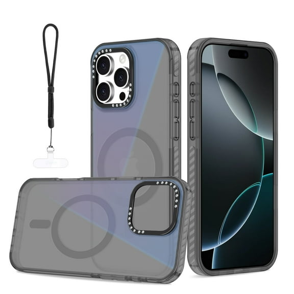 Dteck for iPhone 16 Case with Magnetic, Compatible with MagSafe, Anti-Yellowing Military-Grade Protection Shockproof Translucent Back Cover with Wrist Strap, Black