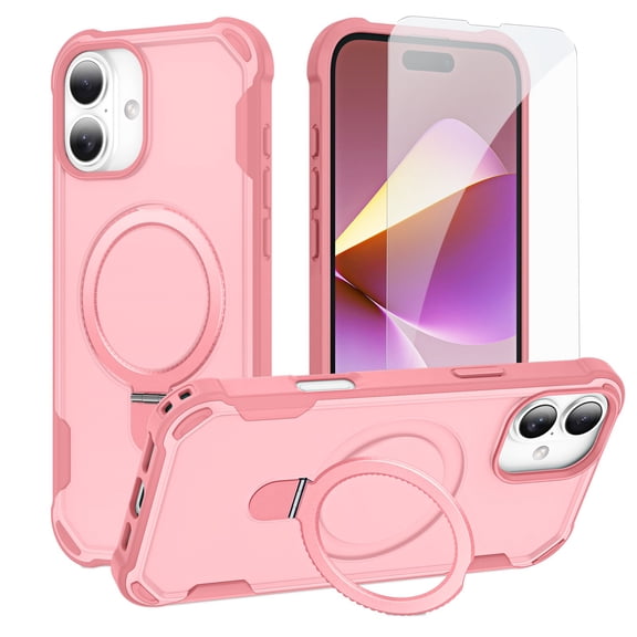Dteck for iPhone 16 Case with Screen Protector, Compatible with MagSafe Shockproof Invisible Magnetic Ring Stand Military-Grade Heavy Duty Protection Phone Case, Pink