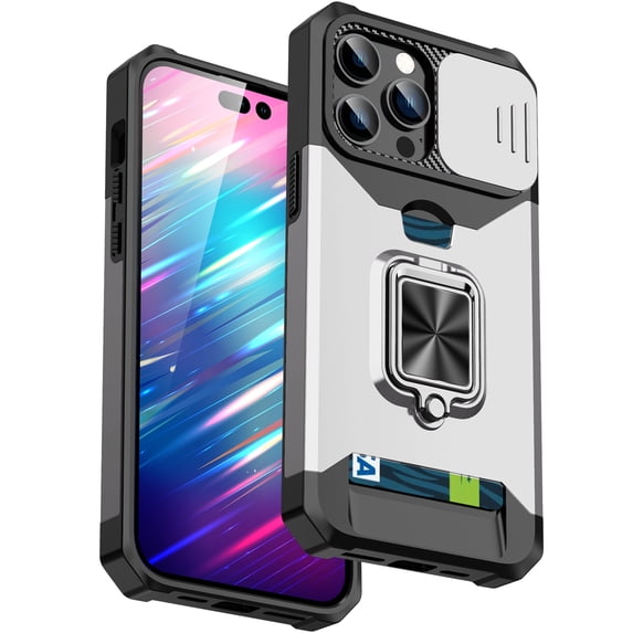 Dteck for iPhone 16 Case with Sliding Lens Cover and Card Holder Heavy Duty Protective Case with Ring Magnetic Kickstand Wallet Card Holder Support Magnetic Car Mount Phone Case, Silver