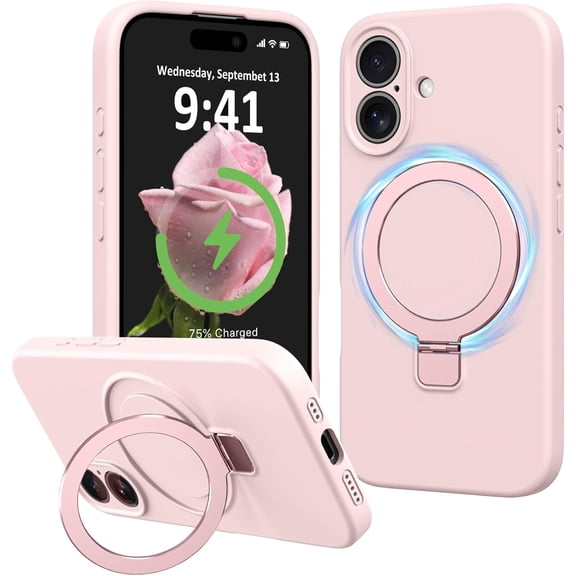 Dteck for iPhone 16 Case with Stand, Slim Liquid Silicone Phone Cases for iPhone 16 Compatible with MagSafe Magnetic Ring Kickstand Case Full Camera Protection,Pink