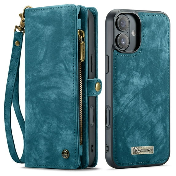 Dteck for iPhone 16 Case Wallet with Card Holder & Detachable Magnetic Phone Case, Leather All-Round Protection Phone Case with Wrist Strap for Women/Men,Green