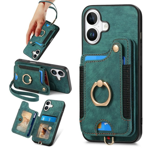 Dteck for iPhone 16 Case Wallet with Card Holder,Ring Stand,RFID-Blocking PU Leather Protective Magnetic Flip Cover with Wrist Strap for iPhone 16 6.1",Green