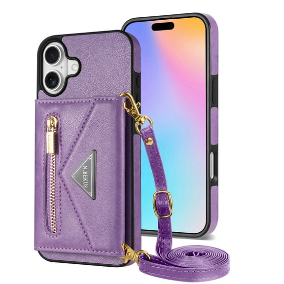 Dteck for iPhone 16 Crossbody Wallet Case, Card Holder Kickstand Phone Case for Women with Lanyard, Durable Shockproof Slim Back Protective Cover for iPhone 16,Purple