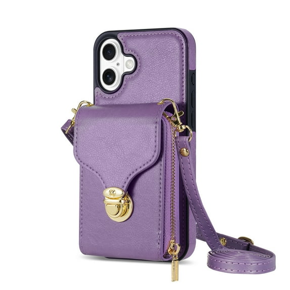 Dteck for iPhone 16 Crossbody Wallet Case, Card Holder Zipper Phone Case with Shoulder Strap, Durable Leather Purse for Women Compatible with iPhone 16 6.1 Inch 2024,Purple