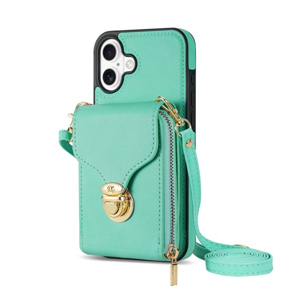 Dteck for iPhone 16 Crossbody Wallet Case, Card Holder Zipper Phone Case with Shoulder Strap, Durable Leather Purse for Women Compatible with iPhone 16 6.1 Inch 2024,Mint