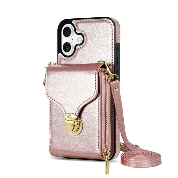 Dteck for iPhone 16 Crossbody Wallet Case, Card Holder Zipper Phone Case with Shoulder Strap, Durable Leather Purse for Women Compatible with iPhone 16 6.1 Inch 2024,Rosegold