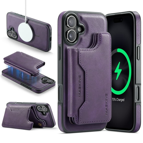 Dteck for iPhone 16 Magnetic Case with Detachable Wallet Card Holder, Compatible with MagSafe, RFID Blocking Credit Slots Kickstand Shockproof Phone Cover for Women Men,Purple
