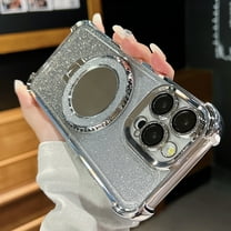Dteck for iPhone 16 Magnetic Kickstand Glitter Case, Four Corners Shockproof Luxury Bling Glitter Paper 2 in 1 for Women Girls Plating Ring Stand Cover, Silver