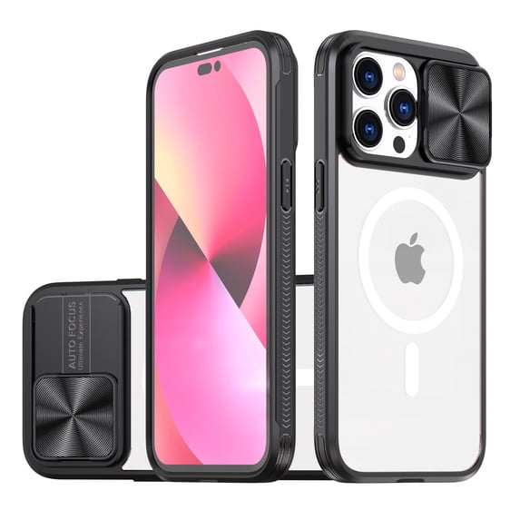 Dteck for iPhone 16 Plus Case 2024, Compatible with MagSafe, Strong Magnetic Clear Case with Slide Lens Cover Soft TPU Shockproof Bumper PC Matte Phone Case iPhone 16 Plus, Black