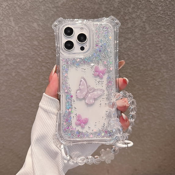 Dteck for iPhone 16 Plus Case with Bling Glitter Butterfly, Shockproof Front Bumper Protective Phone Cover with Bracelet Wrist Strap for Women Girls,Silver