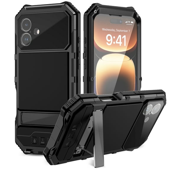 Dteck for iPhone 16 Plus Case with Built-in Screen Protector, Metal Heavy Duty Full Body Protective Case with Kickstand, Military Grade Shockproof Rugged Case for iPhone 16 Plus,Black