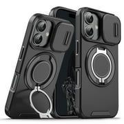 Dteck for iPhone 16 Plus Case with Camera Cover Sliding, Compatible with MagSafe Wireless Charing & Magnetic Car Mount, Rotating Kickstand Shockproof Cover Rugged Case for iPhone 16 Plus,Black